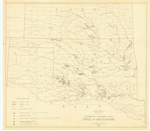 ["The document represents a map item is a map of the Arkansas-Red River Basin consisting of labeled waterways, lakes, reservoirs, projects, cities, and towns. Map features the status of investigations for indicated projects with color-coding and annotations. The original map print is dated 1956. Hydrologic map (region; diazotype, blackline print); 31 1/16 x 35 1/8 inches; Annotations (color, pencil) for investigation status; Annotations (black, pen) of f and r for study type."]