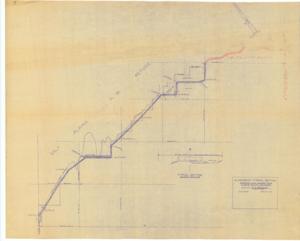 ["The document represents a plan item is an alignment section of a site plan for the proposed Farm-Market Road in Alfalfa County, Oklahoma. The portion of road to be constructed by the Army Corps of Engineers is hand-drawn and annotated in red pencil. The included typical section depicts the grading for drainage. Section, site plan (orthographic projection; diazotype, blueline print); 29 1/2 x 36 5/8 inches; Annotations (top, right corner; red, pencil) for Army Corps of Engineers road section."]