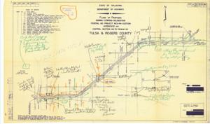 ["The document represents a plan item is an index map of the Federal Aid Project No. I-44-2(27)091 in Tulsa and Rogers Counties, Oklahoma during fiscal year 1959. This map features the project's proposed overall site plan for signing, striping, and delineation. According to the Index of Sheets included on item, this map is the Title Sheet as it is Sheet No. 1 of 41. PRELIMINARY was written on the original plan used to create this print. Index map (site plan; diazotype, blueline print); 21 11/16 x 36 7/16 inches; Stamped (blue, ink): Ernest E. Clulow, Jr., Attorney at Law, Mayo Building, Tulsa, Oklahoma; Dated (stamp; blue, ink): May 5 1960; Annotated and Inscribed (oil pastels, orange, green, black) notes and arrows."]