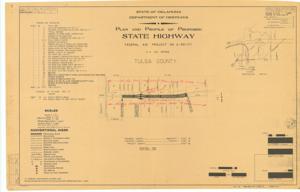 ["The document represents a plan item is an index map of the Federal Aid Project No. U-591 (7) in Tulsa County, Oklahoma. This map features the overall site plan for the proposed state highway U.S. 66 Bypass and includes a modification sketch. According to the Index of Sheets included on item, this map is the Title Page as it is Sheet No. 1 of 57. Index map (site plan; diazotype, blackline print); 23 x 36 inches; Annotated (red, pencil) with notes on lane directionality."]