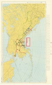 ["The document represents a map item is a topographic map of Alaska which encompasses the region and includes a portion of Russia, most of Canada, and part of the United States. This map features annotations of existing and proposed highways in Alaska and Canada as well as the route of the proposed Southeast Alaska Ferry. Annotations are color-coded in key adhered to center of map. Topographic map (regional; Lambert Conformal Conic Projection; gel-lithograph); 27 5/8 x 45 3/16 inches; 3069; Annotations (color-coded; various colors) of existing and proposed highways."]