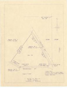 ["The document represents a map item is a topographic survey of a plot on Section 24, T9N, R3W at the University of Oklahoma's North Campus in Norman, Oklahoma. The triangular plot is bordered by railroad spur, Saratoga Avenue, and Pensacola Street. Topographic survey (diazotype, blackline print); 8 1/2 x 11 inches."]