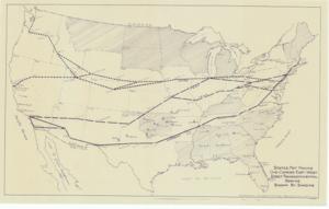 ["The document is a map indicating States Not Having One-Carrier East-West Direct Transcontinental Service, Shown by Shading National map (diazotype, blueline print); 11 5/8 x 18 3/8 inches."]