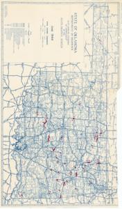 ["Topographic, road map (diazotype, blueline print); 18 13/16 x 31 7/8 inches; Annotated (red, marker) with dots or short lines along highways and enumerated 1 through 45."]