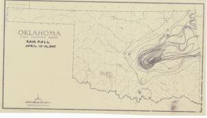 ["The document represents a map item is a weather map of precipitation from an April 13-14, 1945 storm in the eastern half of Oklahoma. This map indicates and plots the connecting areas of equal rainfall with lines. Weather map (diazotype, blackline print); 9 1/4 x 16 1/2 inches."]
