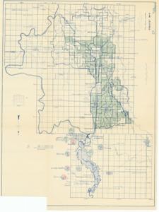 ["The document represents a plan item is an area plan and map of the Altus Project in Oklahoma. Plan features color-coded pie charts depicting the work status percentage for specific projects. Area plan (map; orthographic projection; diazotype, blueline print); 15 5/8 x 20 7/8 inches; R.V.-11; 258-D-67; Shading (hand-colored; green, red, blue pencil)."]