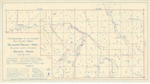 ["The document represents a plan item is a plan and topographic map of the Grazing Areas of the Delaware Project Area in Delaware County, Oklahoma. The small fenced areas are farms, mostly I.R. [and] R. units assigned to Indians. Site plan (topographic map; diazotype, blueline print); 10 15/16 x 19 3/4 inches; Annotations (red, pencil) along some of the existing fences."]