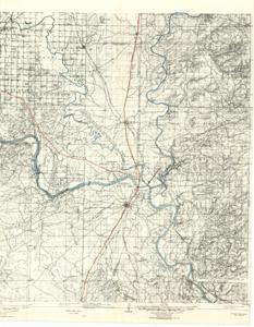 ["The document represents a map item is a topographic map of Muskogee and its vicinity that features the Arkansas, Verdigris, and Neosho Rivers highlighted in blue and the Missouri, Kansas, and Texas Railroad outlined in red. Indicated on the map with a red triangle and labeled is the approximate location of the Webbers Falls Lock and Dam. Also labeled with an arrow is the proposed navigable waterway from mouth of Arkansas River to Catoosa, Okla. Topographic map (contour map; polyconic projection; positive photostat print); 22 11/16 x 17 13/16 inches; Annotations (highlights, blue; outlines, red)."]