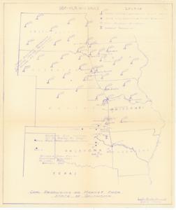 ["The document represents a plan item is a pictorial map of Oklahoma, Kansas, Nebraska, South Dakota, Arkansas, Missouri, and Iowa featuring the locations of steam electric plants, slab zinc smelting, coal, and carbide production. Pictorial map (regional; diazotype, blueline print); 17 3/8 x 14 3/4 inches."]