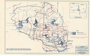 ["The document represents a plan item is a weather (isohyetal) map of the Little River watershed area in Southeast Oklahoma and Southwest Arkansas, which depicts the amount of rainfall from the May 12, 1947 storm. This item was To accompany report dated June 9, 1947. Isolines of weather map were drawn in red pencil over a map titled: Plan of Proposed Flood Control, Little River and Tributaries. Weather map (hydrologic map; diazotype, blueline print); 10 15/16 x 17 11/16 inches."]