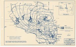 ["The document represents a map item is a weather (isohyetal) map depicting the mean annual precipitation of the Little River watershed area in Southeast Oklahoma and Southwest Arkansas. Weather map (hydrologic map; diazotype, blueline print); 10 7/8 x 17 9/16 inches."]