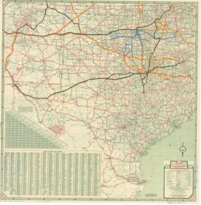 ["The document represents a map item is a road map taken from a February 5, 1948 letter from Robert Hill, Vice [President] and General Manager, [Oklahoma Transportation Company] to Eugene Jordan, [Executive Vice President], [Oklahoma Transportation Company]. Map features several orange, blue, and black annotated lines along roads. Road map (broadside, notice; gel lithograph, color); 26 5/8 x 26 1/4 inches; Annotations (lines; orange, blue, black)."]