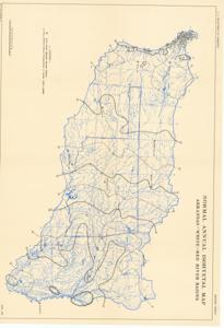 ["The document represents a map item is a weather (isohyetal) map of the Arkansas-White-Red River Basins, which depicts the normal annual precipitation in inches from 1910 to 1949. Weather map (hydrologic map; color); 22 x 32 inches; FILE CHS 50426-2."]