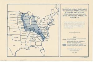 ["The document is a map indicating Marketing Areas Available to Aluminum Fabricators in Southern and Official Territories Compared on Basis of Freight-Rates and Distances Map (regional; positive blueprint); 11 1/16 x 16 7/8 inches; G-RT-1-272B13."]
