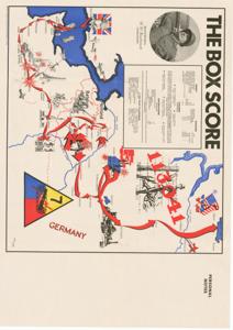 ["The document represents a map item is a pictorial map of Ally movements in the European Theater during World War II. Map features various statistics on personnel decorations, division supplies, and enemy prisoners/supplies. Pictorial map (gel-lithograph; color); 24 x 33 7/8 inches."]