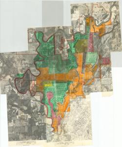 ["The document represents a plan item is a hand-colored, topographic map and apparent conservation plan of Kerr Farms in Le Flore County, Oklahoma. The conservation plan was conducted in units and mapped on five separate aerial photographs. Photo number BQI-4K-116 comprised of Unit: Pickle-Wood-Huddleston-Best-Crane, which consisted of approximately 1370 acres. Photo number BQI-6K-158 comprised of Unit: Fox Wood III-Huddleston-Jackson, which consisted of approximately 560 acres. Photo number BQI-4K-66 comprised of Unit: Leo Best Place, which consisted of approximately 1015 acres. Photo number BQI-6K-160 comprised of Unit: Armstrong-Bend-Reese, which consisted of approximately 589 acres. Photo number BQI-5K-206 comprised of Unit: Higginbotham-Westbrook-Woods-Huddleston, which consisted of approximately 770 acres. Topographic map (photograph, aerial); 43 1/8 x 38 inches; Annotations and Shading (red, orange, yellow, green, black; wax crayons)."]