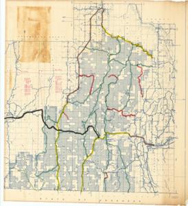 ["The document represents a map item is a topographic map of McCurtain County and the southern half of Le Flore County in Oklahoma. Item consists of three separate sections that were previously taped together; sections align north to south from Section 1 (of 3) to Section 3 (of 3). Map highlights roadways throughout and near Ouachita National Forest. Featured on the map, annotated in black, is U.S. Highway 59, which is accompanied by various inscriptions in red ink stating the length of highway sections and costs for grading, drainage, bridges, and paving. Included with item is the legend, which is detached. Topographic map (diazotype, blueline print); 33 3/8 x 36 inches (Section 1); 30 5/8 x 35 5/8 inches (Section 2); 33 3/8 x 33 15/16 (Section 3); Annotations (lines; dotted lines; green, yellow, red, brown, black; marker; Inscribed (distances; costs; red, ink)."]