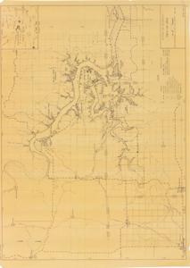 ["The document is a map indicating Public Use Areas, Keystone Dam and Reservoir Land use map (watershed map; sepia diazo print); 31 5/8 x 43 1/4 inches; K-107-102.4; 3."]