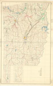 ["The document represents a map Oklahoma base map with highways. Map is labeled and colored with the water projects and studies in Oklahoma and features the Arkansas-Red River Navigation Study with a black tape line. Topographic map (Lambert conformal conic projection); 35 x 54 inches."]