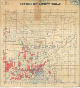 ["The document represents a map item is a plat of Hutchinson County, Texas and features various properties owned by the Phillips Petroleum Company shaded in pink-red. Plat (map; positive blueprint); 37 1/4 x 33 3/4 inches."]