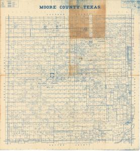 ["The document represents a map item is a plat of Moore County, Texas and features various properties whose owners have been corrected in red pencil, many are the Phillips Petroleum Company. Plat (map; positive blueprint); 36 1/8 x 33 11/16 inches."]