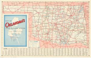 ["The document represents a map item is a topographic map of the State of Oklahoma featuring the state's highway system. Included on the verso is a Pictorial Map of Oklahoma, which shows various recreational, scenic, and historical locations. Topographic, road map (pictorial map; gel-lithograph; color); 21 3/8 x 34 inches."]