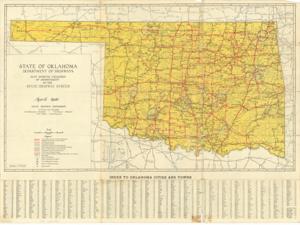 ["The document represents a map official State Highway Map of Oklahoma Topographic, road map (gel-lithograph; color); 19 15/16 x 26 7/8 inches; Inscribed (brochure cover; black, pen): France Paris; Inscribed (below Oklahoma in Texas; pencil); Annotations (circles; 15/16 inch diameter; blue) around Alva, Vinita, Muskogee, Cordell, Medicine Park, Purcell, Wewoka/Holdenville, Atoka, Marietta; Annotations (circled; red) around cities: Grand, Walters, Comanche, Temple, Hastings, Waurika, Ringling, Wilson, Healdton."]