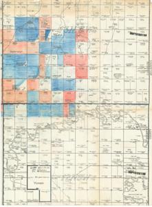 ["The document represents a map item is a plat of the land north and south of the Canadian River in Canadian and Grady Counties, Oklahoma. Map is hand-colored with red and blue pencil possibly noting oil lease bids. Inscribed in the Yukon area are several figures and the words blue and red. Plat (map; positive photostat print); 23 7/8 x 17 11/16 inches."]