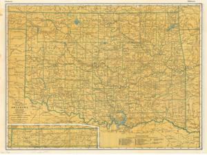["The document represents a map item consists of two maps, one on each side of the support. One map is titled Rand McNally Road Map and features highways, roadways, parks, points of interest, and airports. The other map is titled Rand McNally Standard Map of Oklahoma and features the topography and railroads of the state. Road map, topographic map (gel-lithograph; color); 201/8 x 27 1/16 inches."]