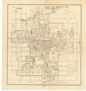 ["The document represents a map item is a historical map of Wards 1 through 4 and their precincts in Oklahoma City Oklahoma. Precincts are inscribed with y.s and no.s as well as numbers, which appear to be the outcome of a vote; the precincts that had more no votes are marked with red Xs. On verso of map, there are names inscribed. Two documents were attached to this map including another map. The first document (262-1) consists of a table of precinct numbers, wards, chairpersons, and persons making contact. The second document (262-2) is a smaller sheet of paper listing the number of precincts lost and won in each ward with totals. Historical map; 18 1/2 x17 1/16 inches; Inscriptions (within precincts; black pen; red pencil); Inscriptions (verso; black pen; blue pen; pencil) on verso of names."]