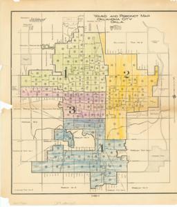 ["The document represents a map item is a historical map of Wards 1 through 4 and their precincts in Oklahoma City Oklahoma. Each ward is color-coded by-hand. Historical map (color); 18 1/2 x17 inches; Shading (crayons, drawing materials; green, yellow, purple, blue)."]