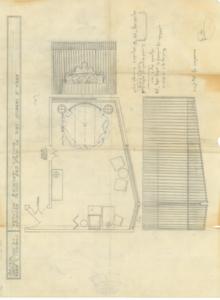 ["The document represents a plan item is a hand-drawn floor plan of the bedroom of Mrs. Robert S. Kerr at Arlington, Balmoral, Virginia. Floor plan (orthographic projection); 17 7/8 x 23 3/4 inches."]