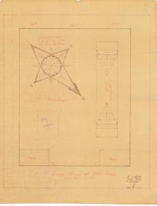 ["The document represents a plan item is a conceptual floor plan for a nautical themed play room at Kerr's ranch near Poteau, Oklahoma. Play room is intended for Kerr's grandchildren. Floor plan has been annotated with details. Floor plan (orthographic projection; diazotype, brown line print); 23 7/8 x 18 11/16 inches."]