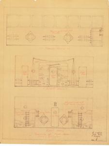 ["The document represents a map item consists of three conceptual sections of the play room for Kerr's grandchildren at the ranch near Poteau, Oklahoma. These sections are the north, west, and east walls. Wall sections are highly detailed and include descriptive annotations. Floor plan, sections (orthographic projection; diazotype, brown line print); 23 7/8 x 18 11/16 inches."]