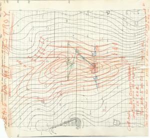 ["The document represents a map item is a contour map with the Ellison-Hollenback and Anderson-Kerr Block shaded in salmon marker. There are additional hand-drawn contours in orange along with annotations in green and blue pertaining to either the geology or specific locations of the area. Supplementary annotations in orange are located at the bottom of the map. Inscribed (top edge; orange): PLEASE DO NOT DESTROY. Contour map (positive photostat print); 19 7/16 x 17 7/8 inches; Shading (salmon, marker) of Ellison-Hollenback and Anderson-Kerr Block; Annotations (orange, green, blue)."]