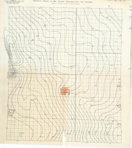 ["The document represents a map item is a contour map with the Ellison-Hollenback and Anderson-Kerr Block shaded in pink-brown marker. Contour map (positive photostat print); 19 9/16 x 17 7/8 inches; Shading (pink-brown, marker) of Ellison-Hollenback and Anderson-Kerr Block."]