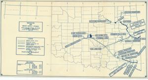 ["The document represents a map item is a navigation and hydrologic map of the Navigation and Water Supply Studies in South East and Central Oklahoma. Mileage for navigation and domestic water routes are included in a table. Navigation chart (hydrologic map; positive blueprint); 11 x 20 13/16 inches; Inscribed (verso; red, pencil): for Don."]