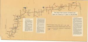 ["The document represents a map item is a map of the proposed route of U.S. Highway 58 from Texas to Arkansas that has been hand-colored to indicate feeder highways and lakes. Map features an article circa 1951 titled The Road That Crosses 10 Rivers and Skirts the Shores of 7 Lakes in Oklahoma, which was adhered. Planimetric map (diazotype, blackline print); 11 1/8 x 23 9/16 inches."]