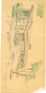 ["The document represents a map item is a detailed drawing of the cabana at the Kerr residence in Poteau, Oklahoma. Item appears to be hand-colored. Drawing (visual work; diazotype, blackline print; color); 17 x 35 5/8 inches."]