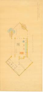 ["The document represents a plan item is a floor plan of the cabana at the Kerr residence in Poteau, Oklahoma. Item is hand-colored. Floor plan (diazotype, blackline print; color); 17 3/16 x 35 3/4 inches."]