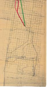 ["The document represents a map item is a topographic map depicting I-40 and U.S. Highway 66 from Oklahoma City west to Texas. Map features color-coded taped routes. Green indicates a route as originally proposed and approved. Red indicates a route as revised and approved. Dashed Red indicates city routes constructed. Taped routes were added to an existing map revised on August 4, 1955, titled, State of Oklahoma Department of Highways Route Map of Interstate Federal-Aid Primary Route on US Highway 66. Topographic map (diazotype, blueline print); 22 3/4 x 165 11/16 inches."]