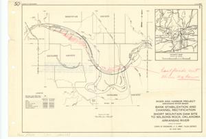["The document represents a plan area plan of the Bank Stabilization and Channel Rectification portion of the Arkansas River Basin's River and Harbor Project, which includes a vicinity map in the top, right corner. On reverse: Project. The bank stabilization and channel rectification in the reach between Short Mountain Dam site and Wilson Rock, Oklahoma, is an integral unit of the multiple-purpose plan authorized by the River and Harbor Act of July 24, 1946. Area plan (orthographic projection); 10 1/2 x 15 3/16 inches; Printed (top, right corner): 1; Inscribed (top, left corner): 50; Shading (red) south of the Arkansas River, north of 35 20N; Inscribed (right, center; red): [Last] floods cut thru Ox bow; Annotated (red) with an arrow pointing from words to area east of 94 40W and at 35 15N."]