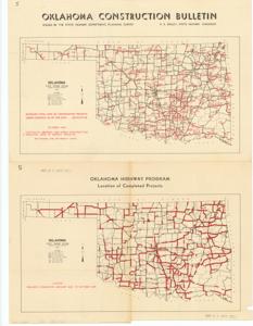 ["The document represents a plan item was issued by the State High Department, Planning Survey and consists of two maps of Oklahoma. The first map depicts the locations of road projects, which are enumerated and detailed on the reverse with the title of the leaflet. The second map is titled, Oklahoma Highway Program: Location of Completed Projects. This map of completed projects highlights all of the completed highway projects from January 1943 to October 1946 in red. Broadside (notice; map; color); 24 13/16 x 18 5/8 inches; Inscribed (title side; pencil): Highway; Stamped (three times; black ink): SEN. R. S. KERR COLL."]