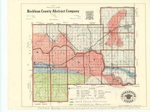 ["The document represents a map item is a geological survey of Beckham County, Oklahoma and features color-coded shading for specific types of deposits and formations. Wells developed for irrigation are annotated in pencil. Inscription states: Surface Geology indicates possibilities of sufficient water for irrigation. Geological survey; 8 1/2 x 11 inches; Map No. 0-5-251; Shading (red, blue, green, pencil); Annotations (pencil) of irrigation wells; Inscriptions (pencil)."]