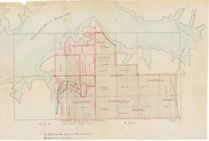 ["The document represents a map item is a plat map of the land south of the Honey-Creek Arm of the Grand Lake in Oklahoma. Plat features the land owned by the Oklahoma Game and Fish Commission, which is shaded red, and the land desired to purchase, which is shaded in brown. Property owner names are inscribed on the brown shaded areas. Plat (map; color); 16 15/16 x 25 3/4 inches."]
