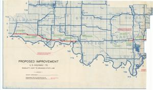 ["The document represents a plan item is a map of the southern counties of Oklahoma along the Red River from Tillman to McCurtain County and features the proposed improvements to U.S. Highway 70. Green notations indicate present improvement. Red notations and lines indicate areas programmed for P.W. construction or survey and plans for proposed construction. Item is comprised of two sheets that were adhered together but have separated due to the degradation of the adhesive. Section 1 (of 2) features the western counties of Love to Tillman. Section 2 (of 2) features the eastern counties of Marshall to McCurtain. Map (diazotype, blueline print); 20 5/8 x 34 11/16 inches (Section 1); 20 13/16 x 39 7/8 inches (Section 2); Annotations (blue, red, green)."]