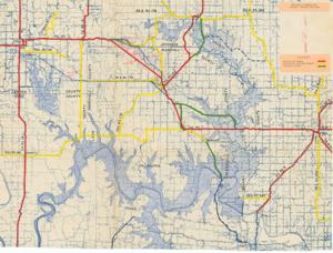 ["The document represents a map item is a topographic and watershed map of the Denison Lake and Red River area. Map features labeled, annotated, and color-coded routes. Red indicates Federal-Aid Routes; yellow indicates Federal-Aid Secondary Routes; green indicates Abandoned Routes. A few routes are annotated in blue pencil. Additional inscriptions in red pencil specify lines. Topographic map (watershed map; diazotype, blueline print); 18 3/4 x 25 1/4 inches; Annotations (red, yellow, green, blue); Inscriptions (red, pencil; black, ink)."]