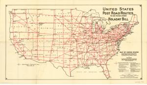 ["The map titled United States Post Road Routes To Be Paved For Holaday Bill covers the period from 1915 to 1949. Dimensions: 16 x 27 3/4."]