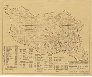 ["The map titled Map of the Arkansas and Red River Drainage Basin covers the period from 1915 to 1949. Dimensions: 17 x 20 3/4."]