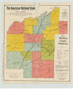 ["A color map of Pittsburg County, Oklahoma (1925), featuring state roads, county highways, bridges, townships, railroads, rivers, schools, post offices, town populations, and economic information. Produced by McAlester Engineering Company for American National Bank of McAlester. Dimensions: 18 3/4 x 22."]